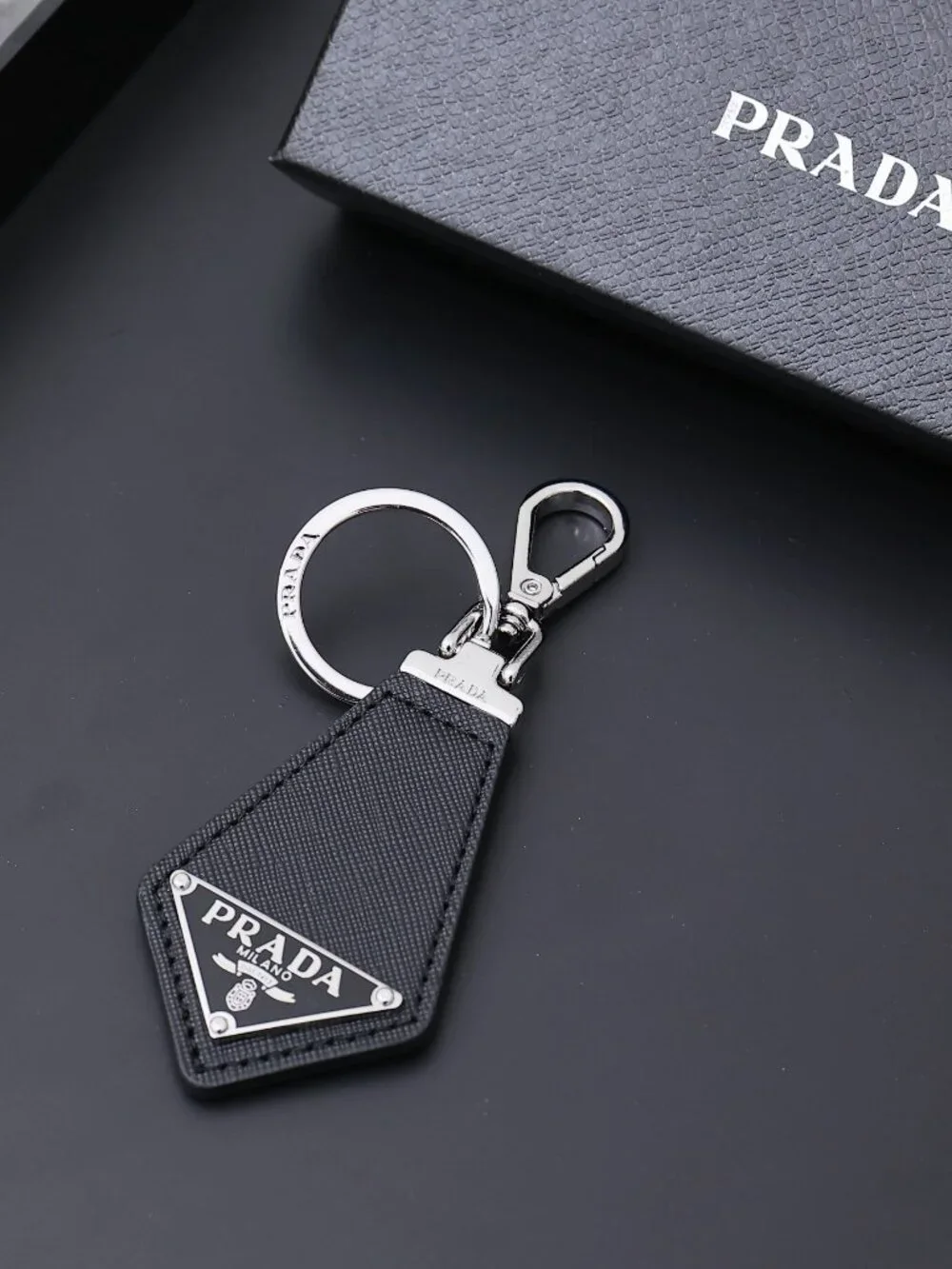 ✨ Prada Black Triangle Logo Leather Keychain